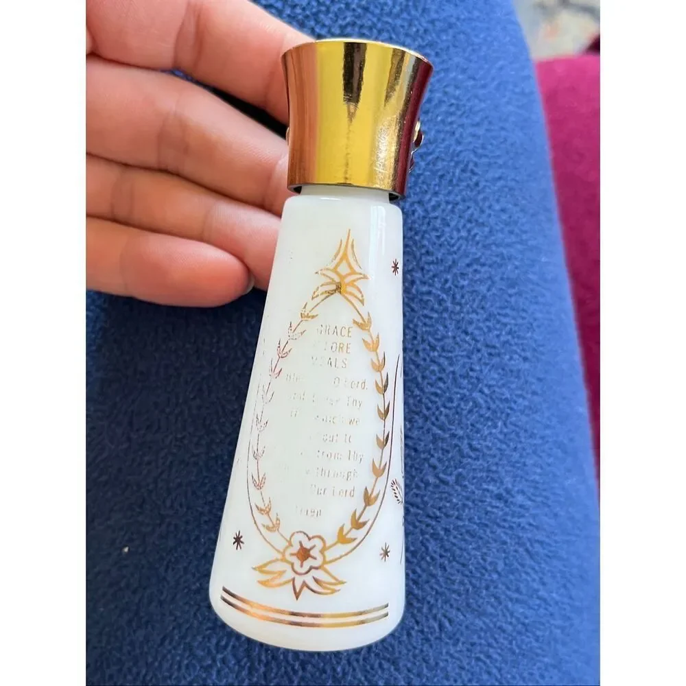 VTG Milk Glass Salt Pepper Shakers Religious Jesus Mary Gold Foil Set